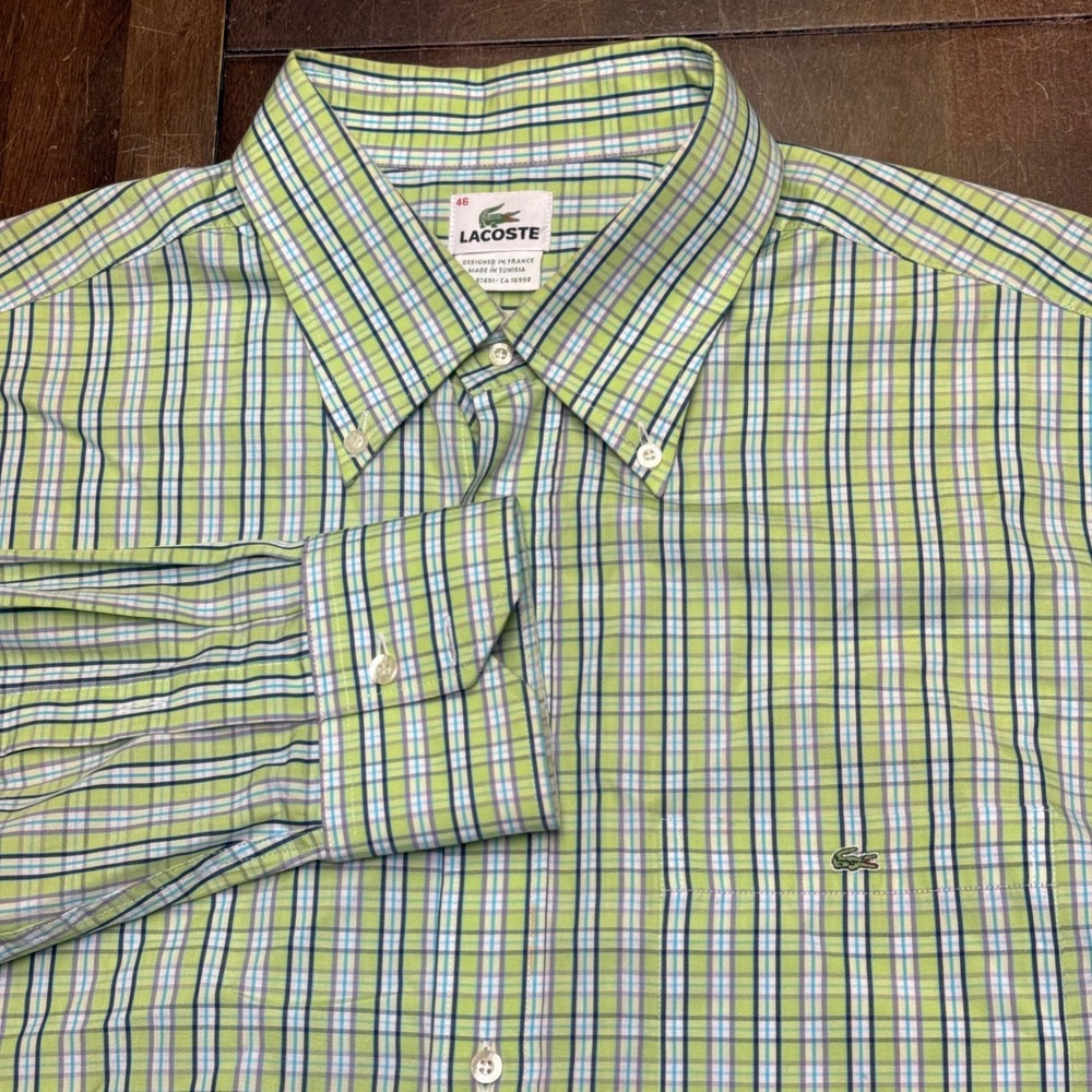 Lacoste Button Down Shirt Mens 2XL 46 Green Plaid Long Sleeve Cotton Logo